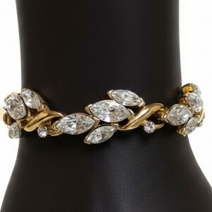 Vintage Signed Kunio Gold Tone Clear Rhinestone Bracelet 7" Marquise Prong Set